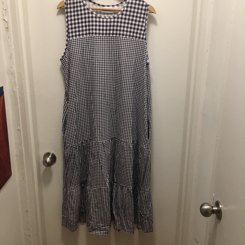 Vintage style National sleeveless drop waist dress size L blue and white